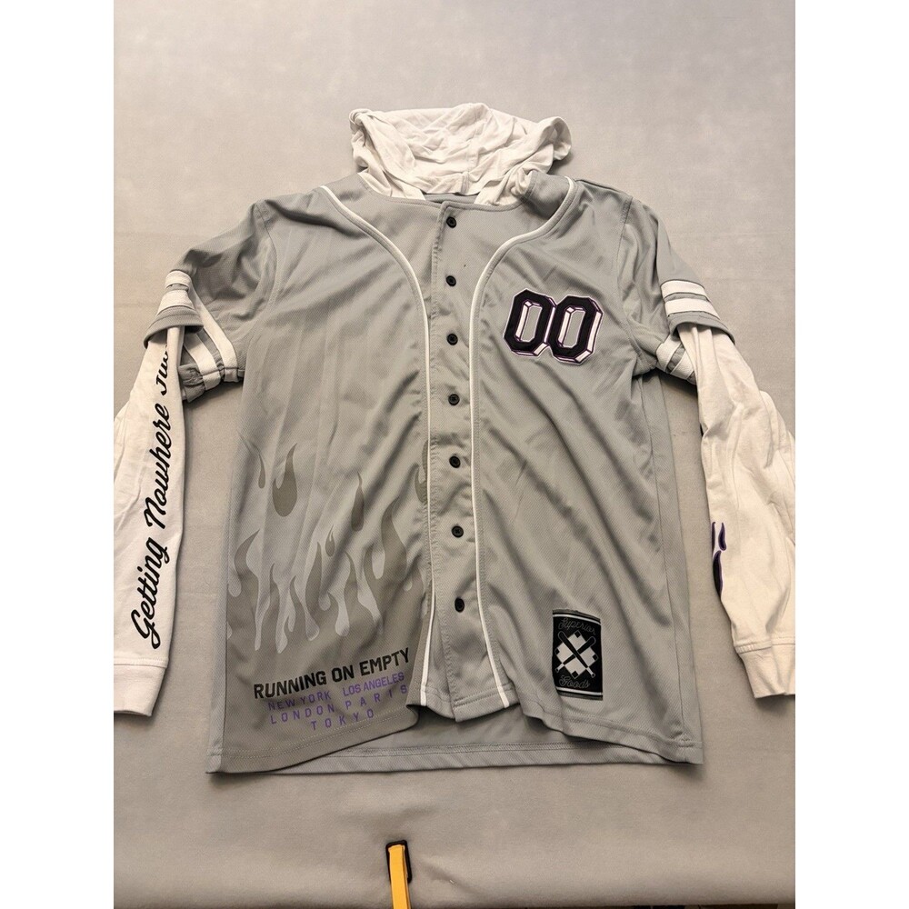 Rue21 Men's "Running on Empty" Layered Button Down Baseball Jersey Hoodie